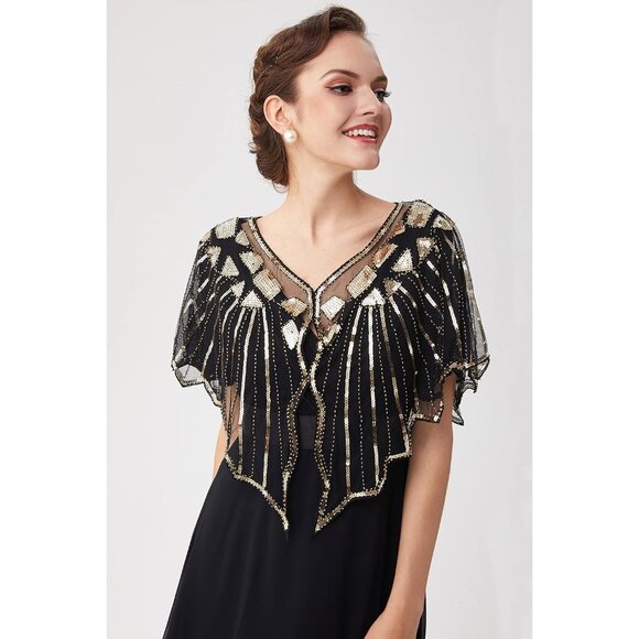 🆕 Women Gold Sequin Beaded Evening Cape Stylish Design Prom Party Shawl Wraps - Picture 3 of 6